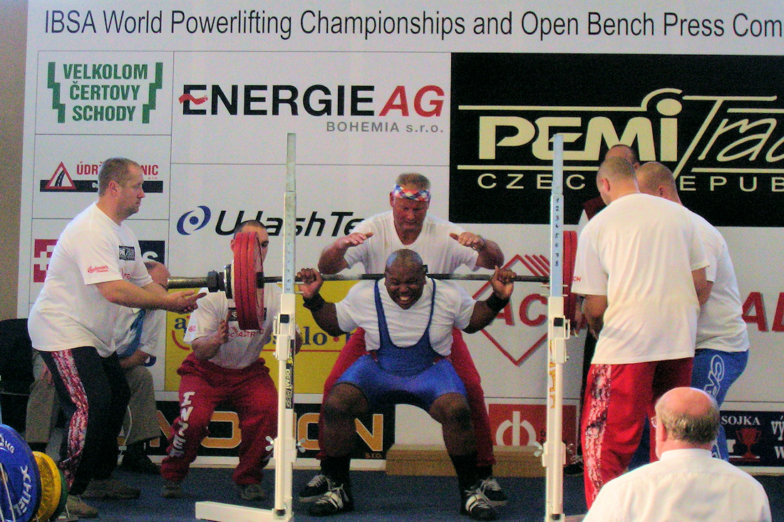 W.C. competes in the 2005 World Blind Power Lifting Competition, held in Ceske Budejovice, Czech Republic.